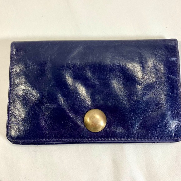 latico Handbags - Latico Leather Wallet Navy Blue Brass Snap Closure Fold Over Floral Lining